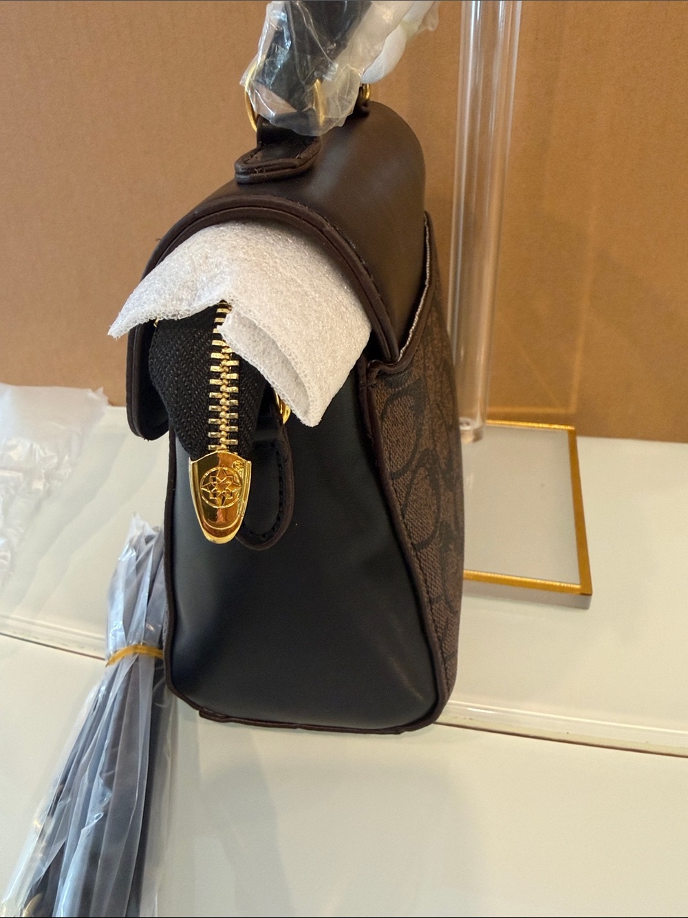 Coach Brown and Black Signature Mini Top-Handle Satchel with Gold Hardware - Picture 6 of 9
